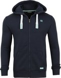 Donkerblauwe regular fit sweater met capuchon, ritssluiting, witte veters en turquoise logo.