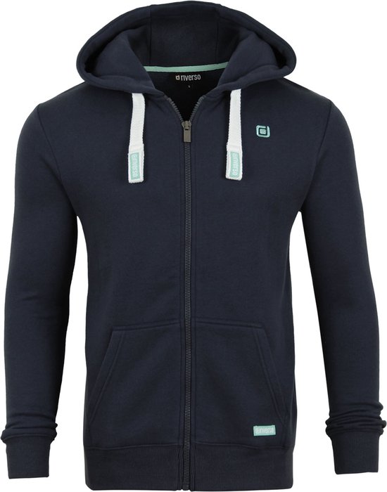 Donkerblauwe regular fit sweater met capuchon, ritssluiting, witte veters en turquoise logo.