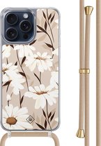 Casimoda® hoesje met beige koord - Geschikt voor iPhone 15 Pro Max - In Bloom - Afneembaar koord - TPU/polycarbonaat - Bruin/beige