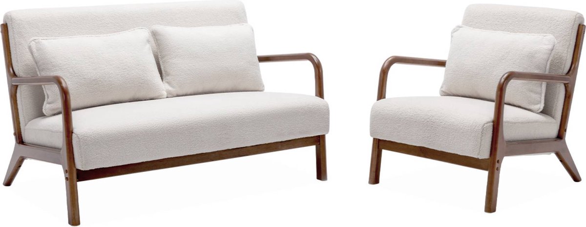 sweeek - Scandinavische 2-zitsbank en fauteuil van walnootkleurig hout en bouclé - lorens
