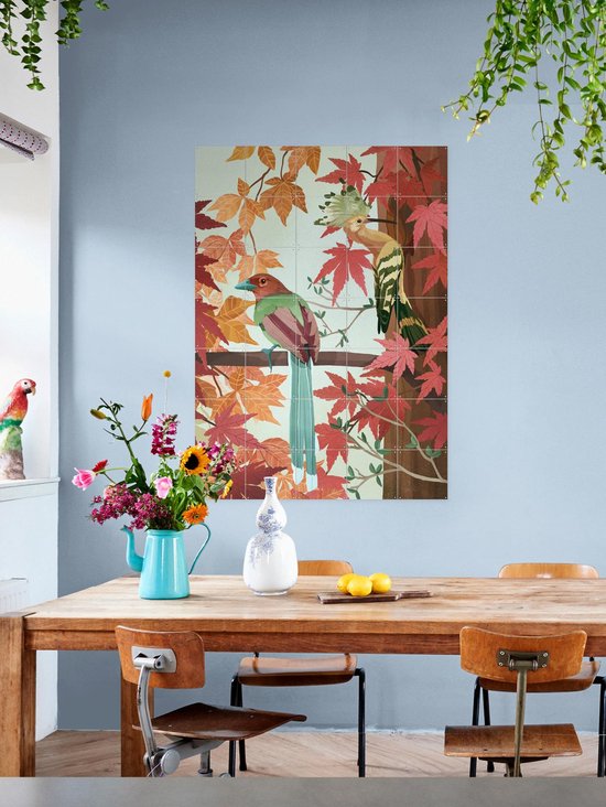 IXXI Birds of Autumn, Goed Blauw - 60 x 80 cm - Gratis ophangtool - Grote wanddecoratie en posters - Speels, Illustraties, Digitale Kunst, Woonkamer