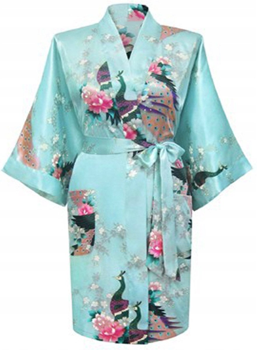 KIMU® Kimono Lichtblauw Kort - Maat XL-XXL - Yukata Satijn Boven de Knie - Korte Lichtblauwe Ochtendjas Japanse Kamerjas Sexy Satijnen Badjas Geisha Festival