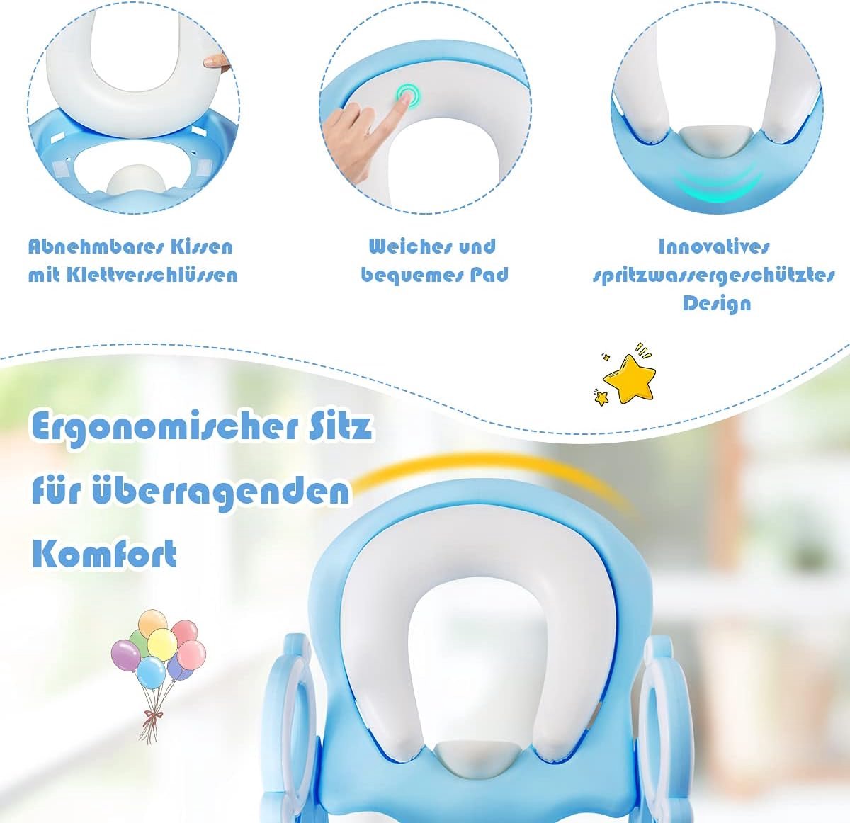 Kids4u Toiletbril voor Kinderen met Trap en Handgrepen, Opvouwbaar, WC Verkleiner met Beloningssysteem, Potje Peuter, Potjestrainer, Leerpotje, Toilettrap, In Hoogte Verstelbaar, Blauw/Geel