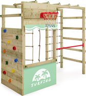 WICKEY klimtoestel outdoor speeltoestel Smart Action met pastelgroen zeil, speeltoestel met klimwand, basketbalring & speelaccessoires voor kinderen in de tuin van hout