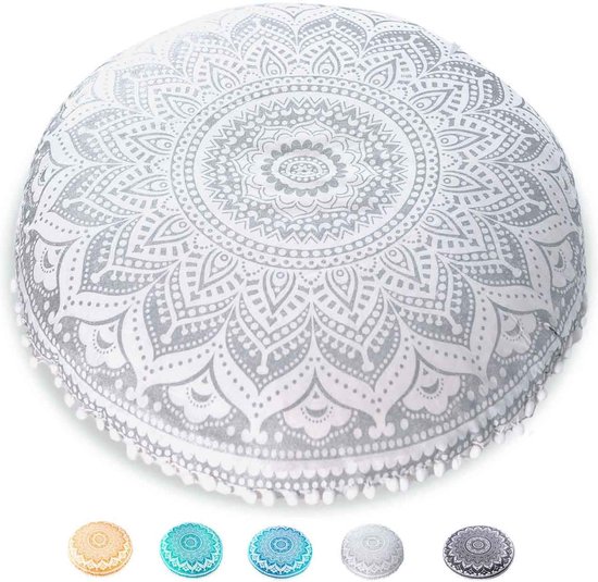 Foto: Ronde kussensloop voor vloerkussen bohemian stijl voor yoga kussen meditatiekussen in mandala design diameter 75 cm van handbedrukt natuurlijk katoen patroon blauwe lotus