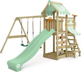 WICKEY speeltoestel klimtoestel VanillaFlyer met schommel, pastelgroen zeil & glijbaan, outdoor kinderspeeltoestel met zandbak, ladder & speelaccessoires voor de tuin