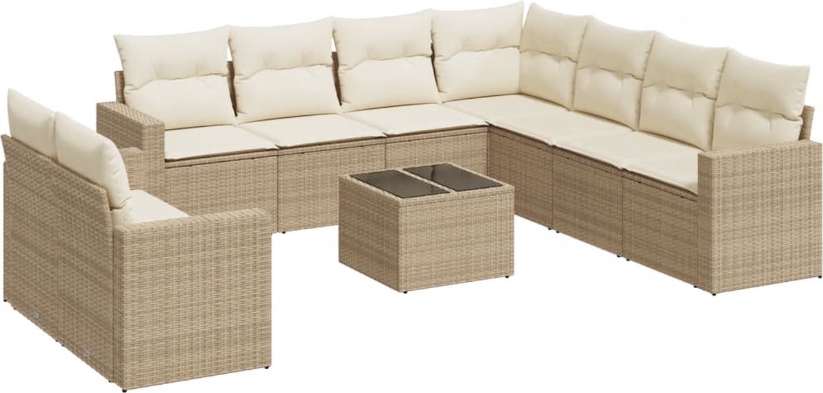 vidaXL 10-delige - Loungeset - met - kussens - poly - rattan - beige
