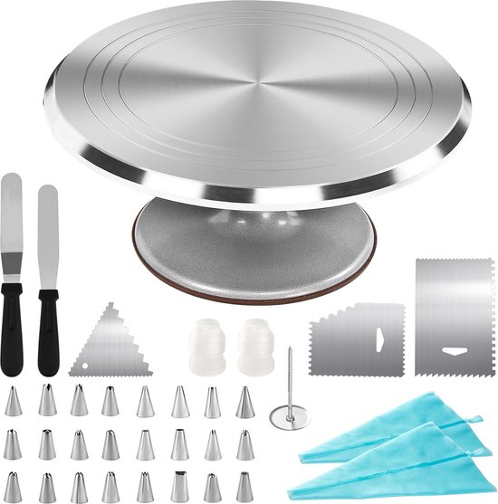 Coptiner Turntable 30cm Aluminum Alloy Rotating Cake Stand Set with Stainless Steel Icing Spatula and Smoother, Cake Boards and Support Set