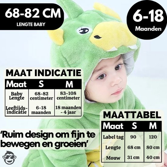 Groene draken onesie voor baby van 6-18 maanden. Met maten indicator en maattabel.