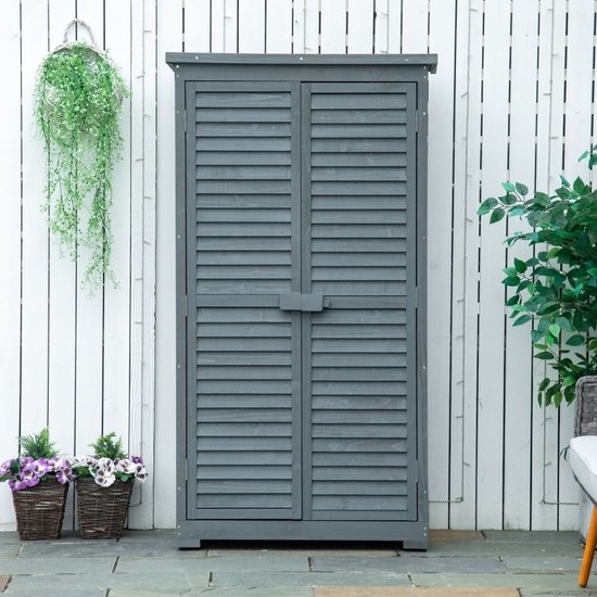 Tuinkast hout - Opbergkasten met deuren - Tuinhuis - Tuinschuur - Schuur voor gereedschap - Grijs - 87 x 46,5 x 160 cm