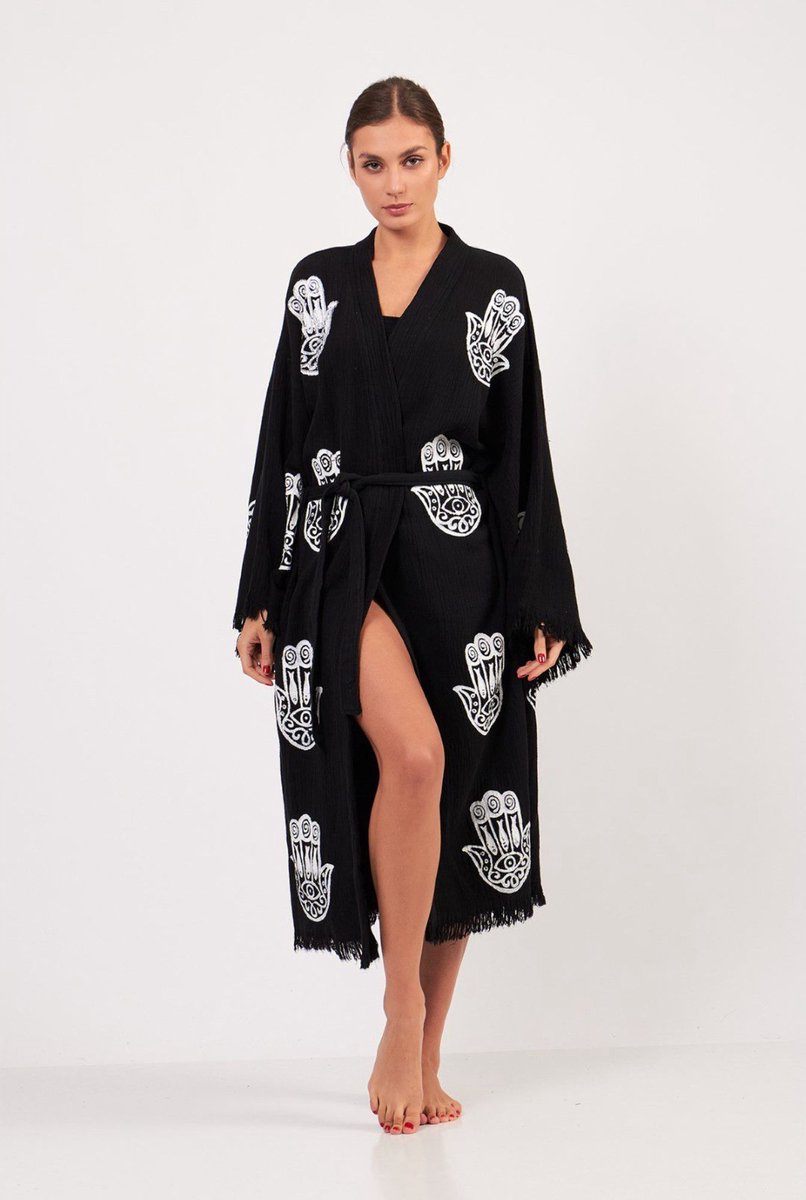 Trimita Hamsa - Kimono Badjas - 100% Katoen Hydrofiel Stof - Fair Trade Handgemaakt - Zacht en Licht - Perfect voor Thuis, Sauna of Spa, Strand