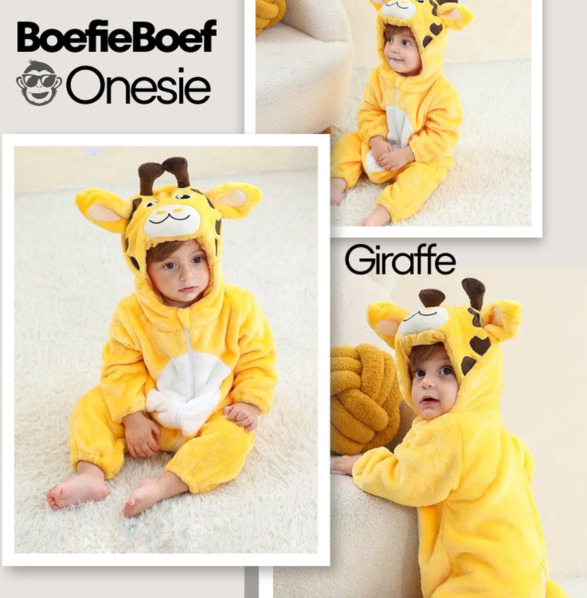 BoefieBoef Dieren Kleuter Onesie Peuter Pyjama Kinderen 2 tot 4 jaar – Verkleedkleding met Luierrits – Carnaval Dierenpak - Kerst en Kraamcadeau - Zacht Flanel - Baby Romper - Boxpak - Jongens - Meisjes - Kruippak - Winterpak - Giraffe Geel Animal — afbeelding 5