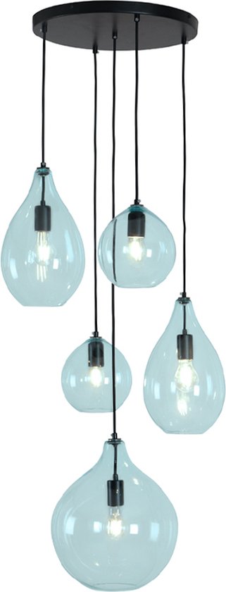 Olucia Cees - Design Hanglamp - 5L - Glas/Metaal - Blauw;Zwart - Ovaal - 55 cm