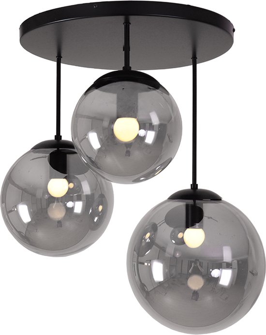 Olucia Dolf - Design Plafondlamp - 3L - Glas/Metaal - Grijs;Zwart - Rond - 60 cm