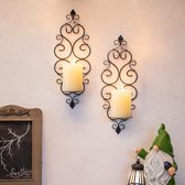Kandelaar muur wandkaarsenhouder zwart - set van 2 wandhouders metalen wanddecoratie voor kaarsen theelichtjes vintage barok decoratie woonkamer decoratie