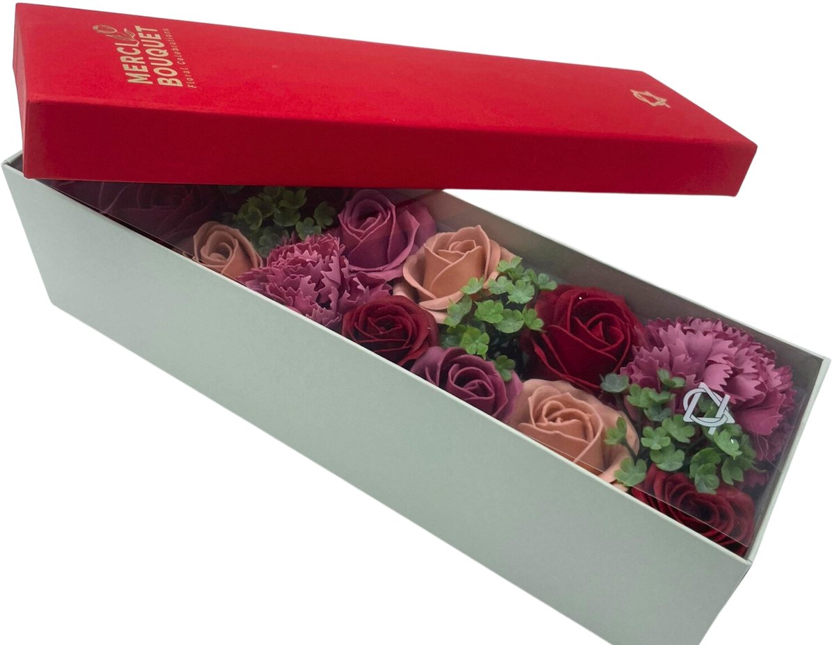 Zeepbloemen Lange Doos Geschenk Set - Vintage Rozen Rood & Roze - Zeep Bloemen - Cadeau Set
