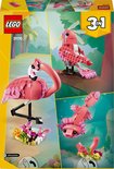 Achterkant doos LEGO Creator 3in1 31170: roze flamingo, papegaai en axolotl.