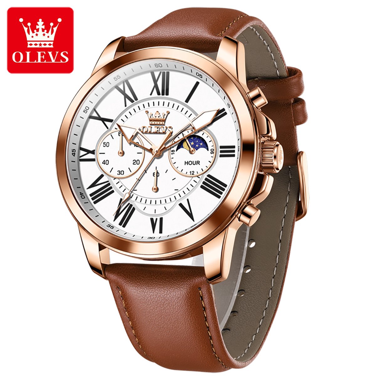 HO-3632.br-rs-z : Olevs rosékl edelstaal chronografisch quartz horloge, zilverwitte wijzerplaat, cognackl genuine lerenband, uren minuten maanfase -aanduiding