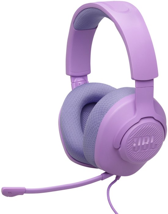 Paarse over-ear gaming headset met stoffen oorkussens, JBL logo en afneembare microfoon.