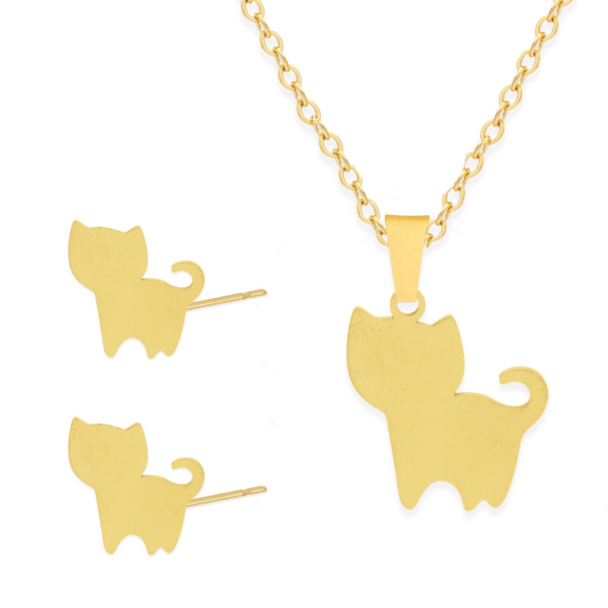 Cadeau Ketting & Oorbellen set met Kat / Poes - Roestvrij Staal - Goudkleurig - Cadeau Sieraad op Kaartje - Pax Amare