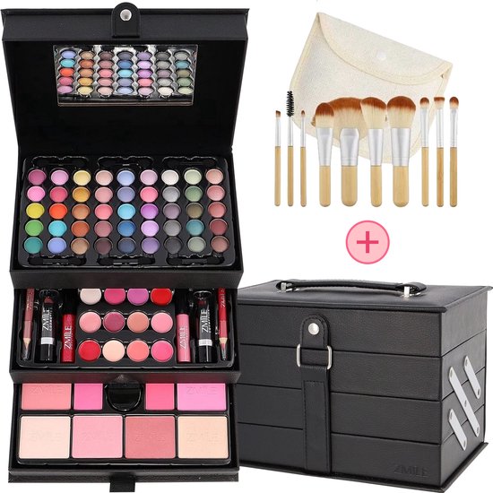 Foto: Make up koffer meisjes met inhoud 82 delig inclusief 10 delige kwasten set reis etui cosmetica set kinderen zwarte beautycase
