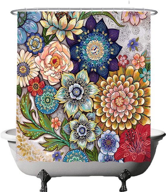 Rideau de douche avec un motif floral coloré et vibrant de style mandala, dans une baignoire sur pieds.