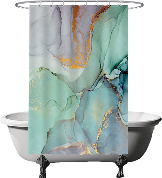 Rideau de douche avec un motif marbre dans des tons verts, bleus et dorés.