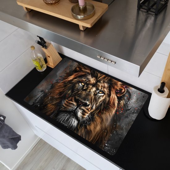 KitchenYeah® Protection plaque induction 85x50 cm - Lion - Animal - Peinture - Noir - Protege plaque de cuisson - Couvre plaque induction - Protecteur d'induction - Cuisine