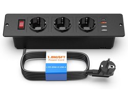 StayPowered Inbouw Tafelstopcontact - Slim & Ruimtebesparend - 3-Voudig Stopcontact - USB C PD 20W - 3 USB-A Poorten - Met Schakelaar - Eenvoudige Installatie - Zwart - Levering Sneller dan Aangegeven!