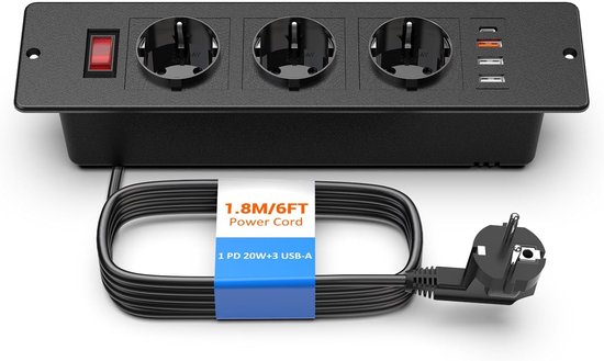 StayPowered Inbouw Tafelstopcontact - Slim & Ruimtebesparend - 3-Voudig Stopcontact - USB C PD 20W - 3 USB-A Poorten - Met Schakelaar - Eenvoudige Installatie - Zwart - Levering Sneller dan Aangegeven!