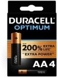 Duracell Optimum AA-batterijen (4 stuks). Zwarte batterijen met gouden banden. '200% extra levensduur of extra kracht'.