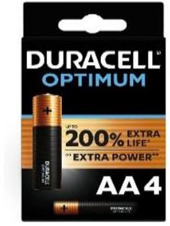 Duracell Optimum AA-batterijen (4 stuks). Zwarte batterijen met gouden banden. '200% extra levensduur of extra kracht'.