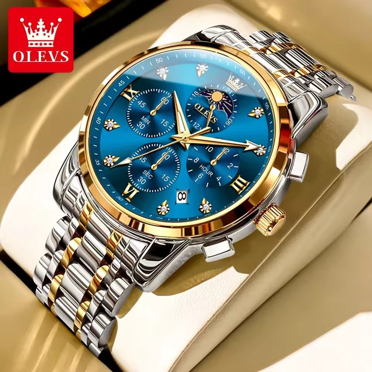 HO-3655.gz-bl : OLEVS zilver-goudlkl edelstaal chronografisch quartz horloge, blauwe wijzerplaat, 2de tijdzone uren minuten maanfase -aanduiding, diamant, zirkonia