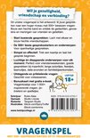 Achterkant van de doos van Vragenspel. "Wil je gezelligheid, vriendschap en verbinding?" met 500+ gespreksstarters op 51 vraagkaartjes.