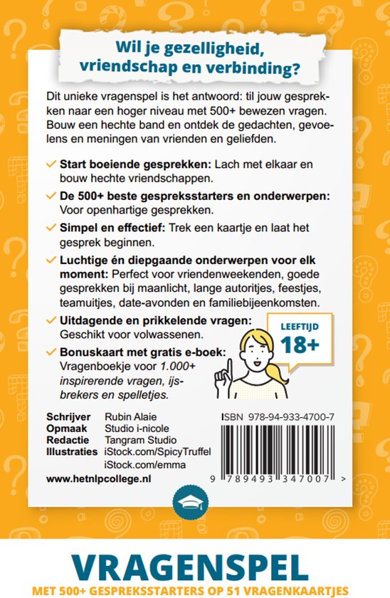 Achterkant van de doos van Vragenspel. "Wil je gezelligheid, vriendschap en verbinding?" met 500+ gespreksstarters op 51 vraagkaartjes.
