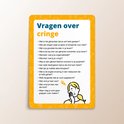 Vragen over cringe, met een illustratie van een meisje dat zich schaamt.
