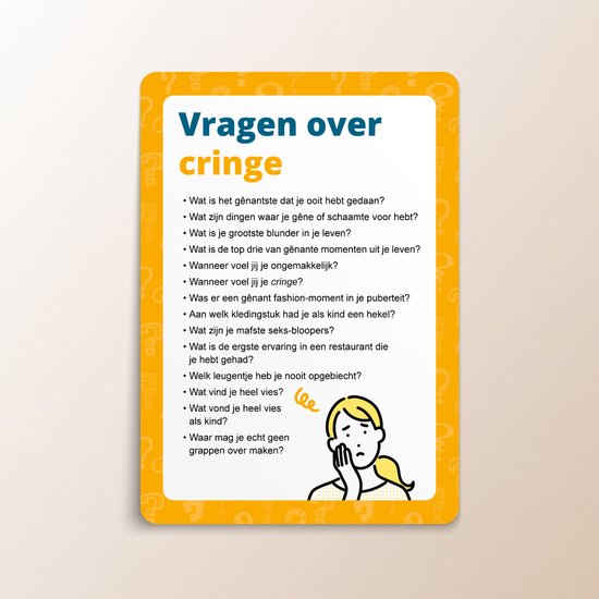 Vragen over cringe, met een illustratie van een meisje dat zich schaamt.