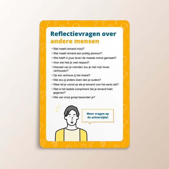 Reflectievragen over andere mensen, met een illustratie van een jongen die verbaasd kijkt.