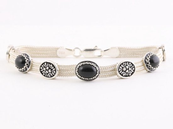 Traditionele zilveren armband met onyx en niëllo decoraties - lengte 18.5 cm