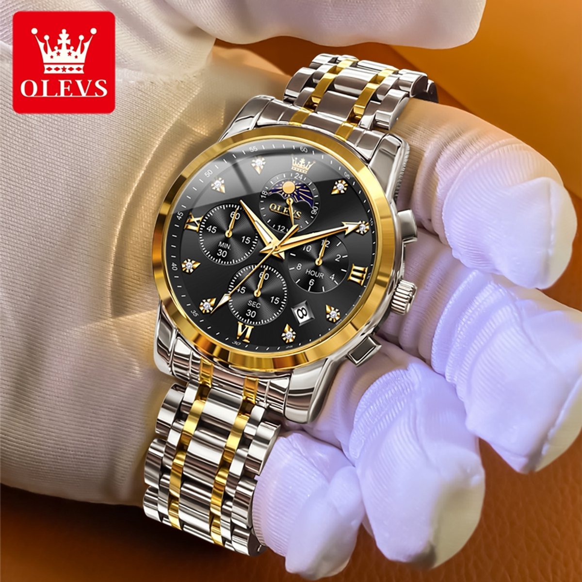 HO-3655.gz-zw : OLEVS zilver-goudlkl edelstaal chronografisch quartz horloge, zwarte wijzerplaat, 2de tijdzone uren minuten maanfase -aanduiding, diamant, zirkonia