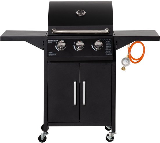 Gasbarbecue - Gasbarbecue en grill - 3 Branders - Met slang en thermometer - Zwart