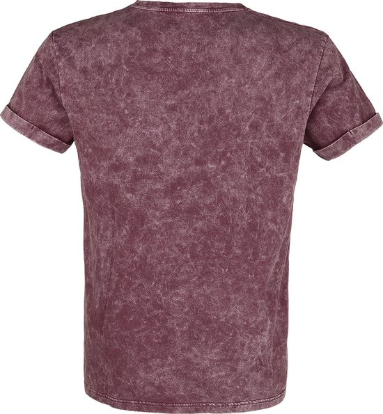 Achterkant van een donkerpaars t-shirt met wassing, korte mouwen en opgerolde zoom.