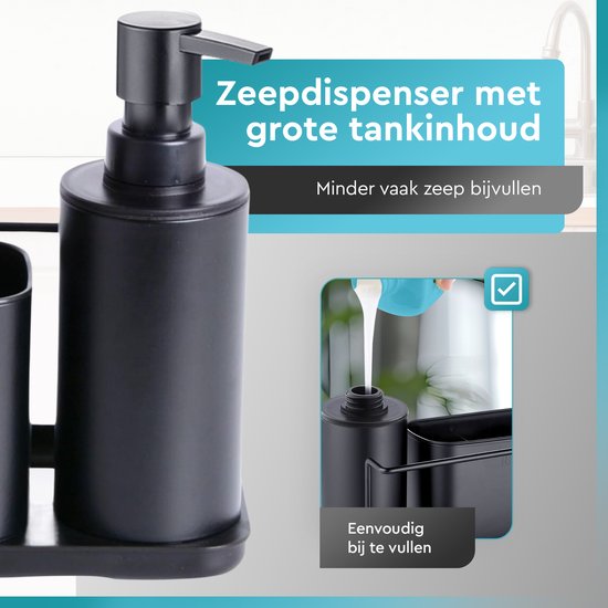 Rilenta® Organiseur de comptoir et de Cuisine avec porte-torchon et distributeur de savon - Chiffon de nettoyage inclus - Égouttoir - Support d'évier pratique pour torchons et Essuies de vaisselle - Organiseur de meuble d'évier - Zwart mat