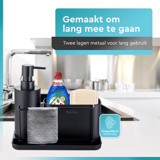 Rilenta® Organiseur de comptoir et de Cuisine avec porte-torchon et distributeur de savon - Chiffon de nettoyage inclus - Égouttoir - Support d'évier pratique pour torchons et Essuies de vaisselle - Organiseur de meuble d'évier - Zwart mat