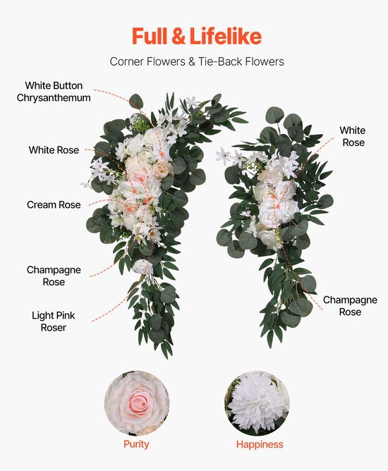 Twee bloemstukken met witte, crèmekleurige, champagne en lichtroze rozen, witte knop chrysanten en eucalyptusbladeren.