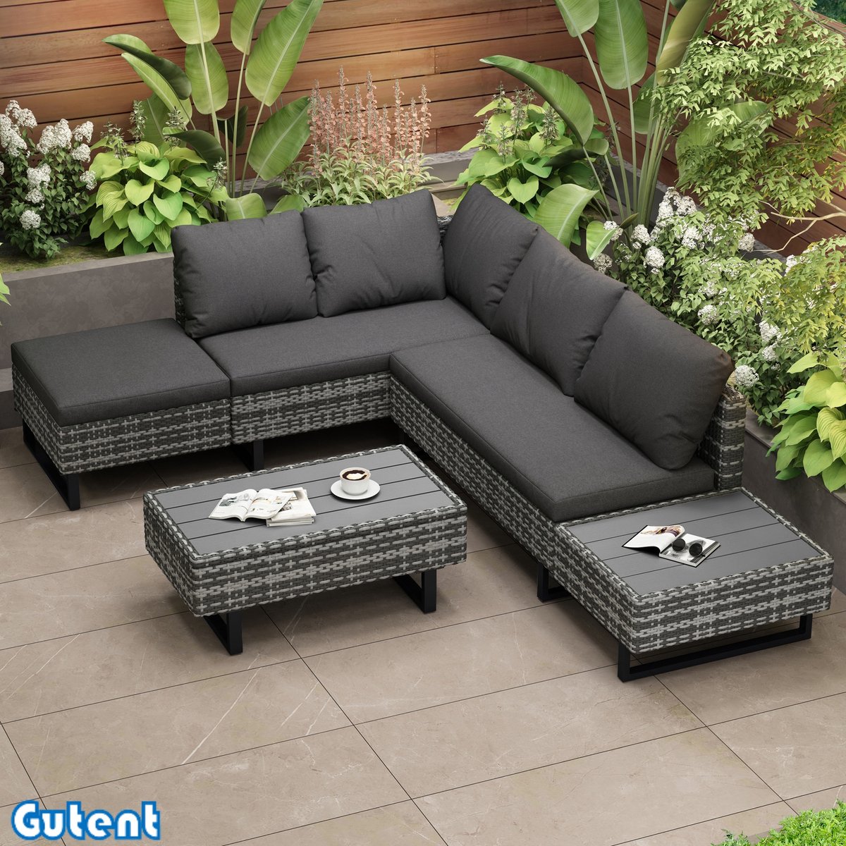 Tuinbankstel met hoekbank, tafel, kussens in grijs poly rotan - Gutent.
