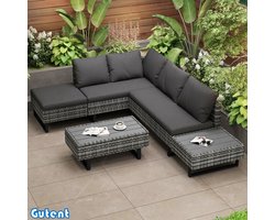 Gutent Tuinbankstel - Poly Rotan - 4-5 personen - met hoekbank, tafel en kussens - Afneembare stoffen hoes - Grijs