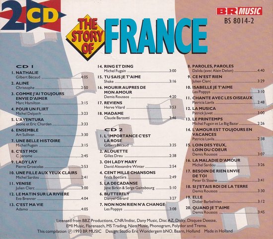 CD hoes met tekst 'The Story of France' in grote blauwe letters, met een gedeeltelijke afbeelding van de Franse vlag.