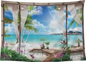 Ulticool - Doorkijk Strand Zee Natuur - Wandkleed Poster - 200 x 150 cm - Wandtapijt - Tuinposter - Schilderij Decoratie Tuin Versiering Accessoire Buiten - Muurdecoratie woonkamer - Vaderdag - Cadeau Idee - Cadeaupakket - Pakket - Top 10 - Kados