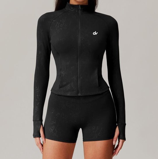 Taille L – Gilet de sport Zwart chiné pour femme – Extensible et respirant – Avec fermeture éclair – Collection Diana Verweijen – Fait partie d'un ensemble de sport de Luxe